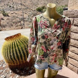 CHUFY My Aussie Days DESERT Flower Print Pleated BOHEMIAN Blouse Peasant TOP S/M